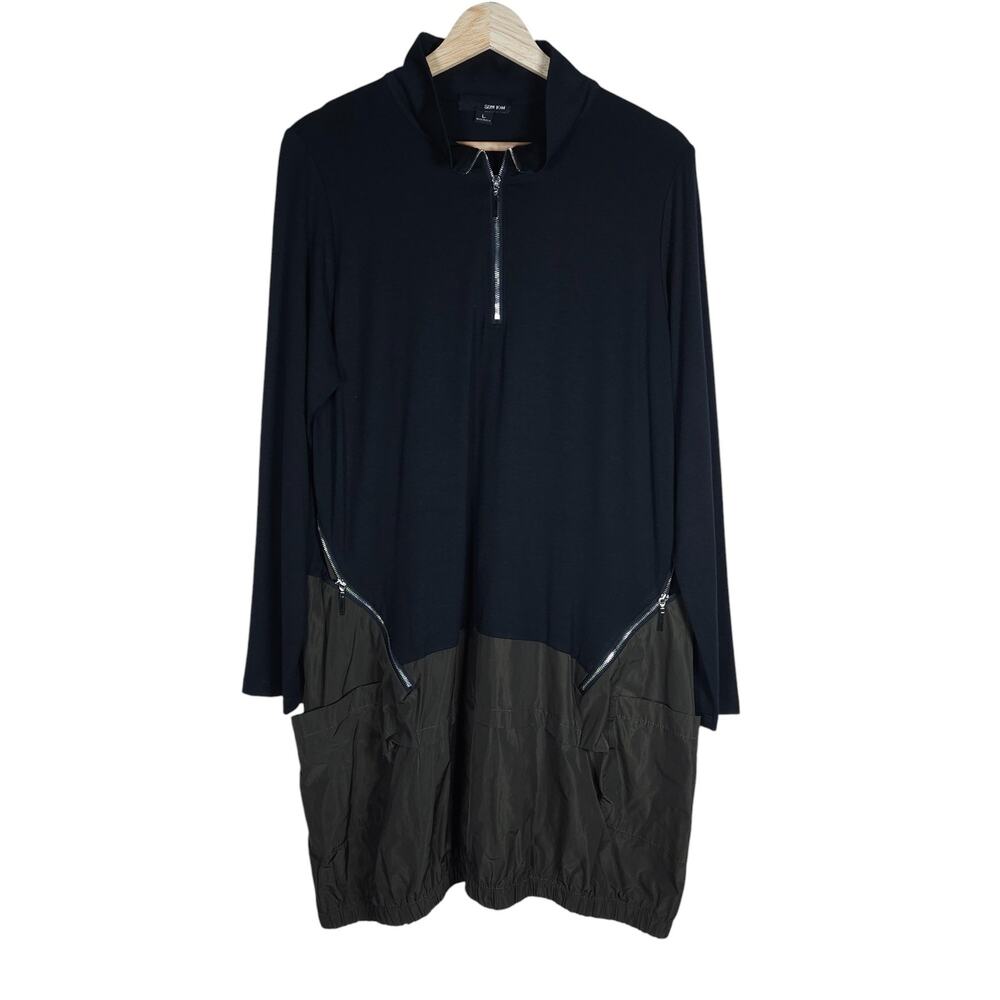 Sun Kim Tunic Dress Large Black Zip Front Oversized Pocket Utility Streetwear